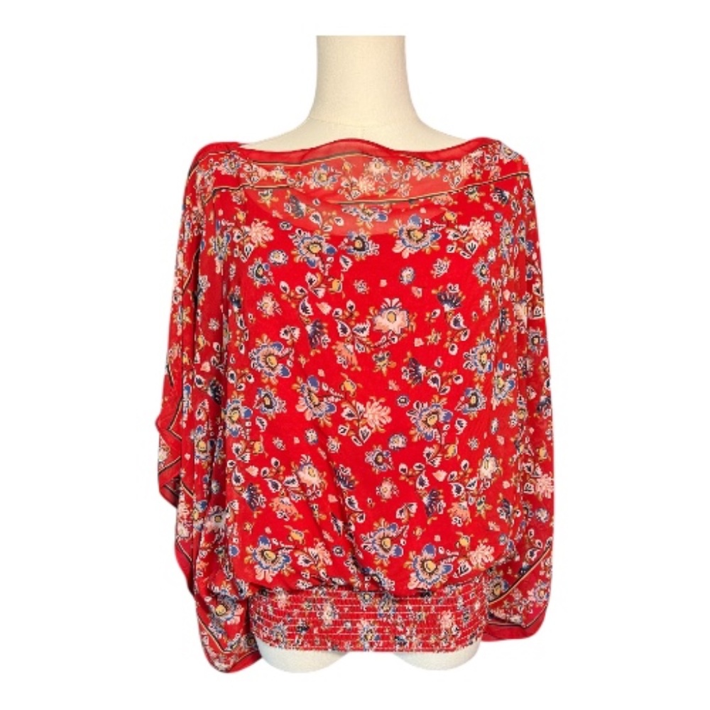 EUC Max Studio women’s red multicolor floral poncho blouse | size L